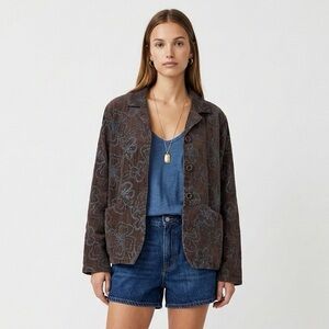 Flax Corduroy Jacket Brown Floral Embroidered Lagenlook Boho Cotton Blazer S